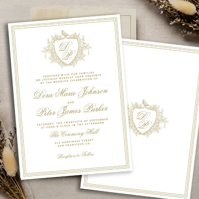 Vintage crest gold monogram wedding invitation (Creator Uploaded)