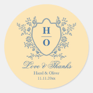 Vintage Crest Love and Thanks Yellow Wedding Classic Round Sticker