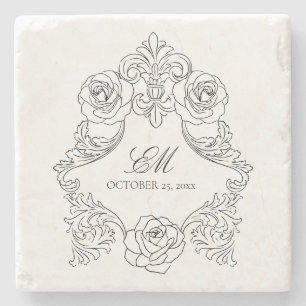 Vintage Crest Monogram Black & White Wedding Logo Stone Coaster
