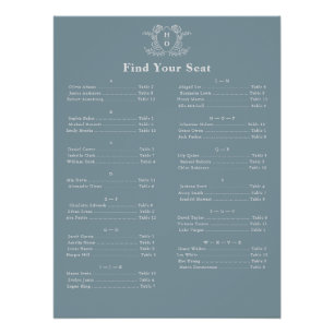 Vintage Crest Monogram Blue Seating Chart