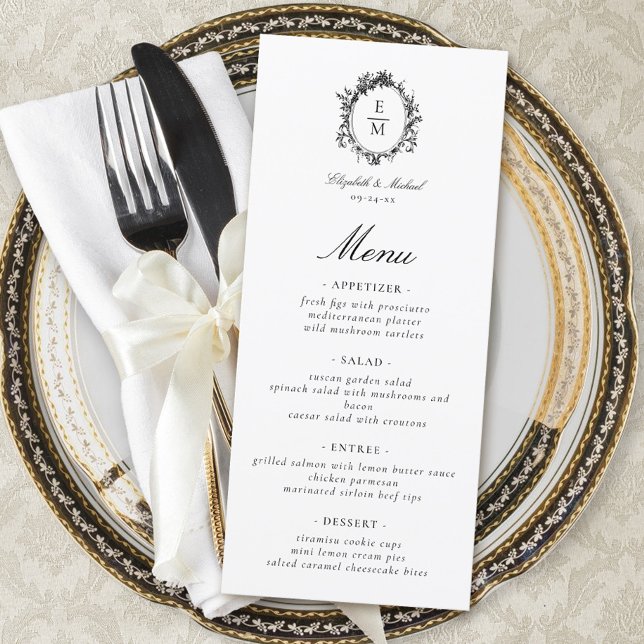 Vintage Crest Monogram Botanical Formal Wedding Menu (Creator Uploaded)