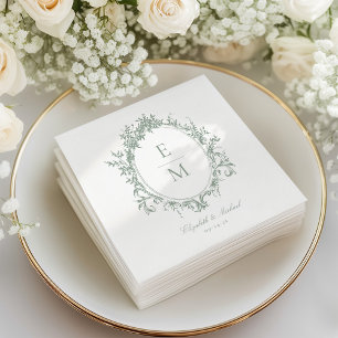Vintage Crest Monogram Botanical Green Wedding Napkin