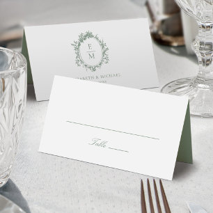 Vintage Crest Monogram Botanical Green Wedding Place Card