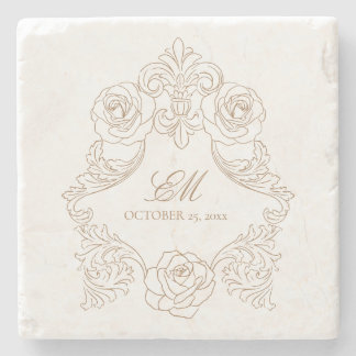 Vintage Crest Monogram Golden Brown Wedding Logo Stone Coaster