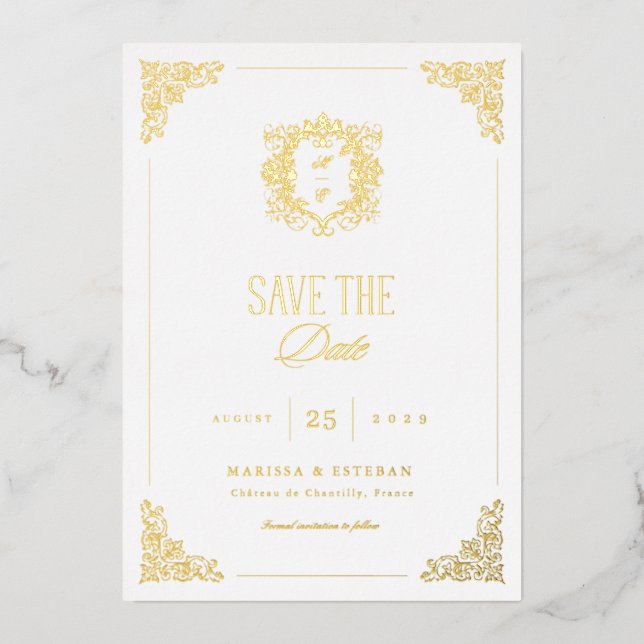 Vintage Crest Monogram Luxe Foil Save the Date (Front)