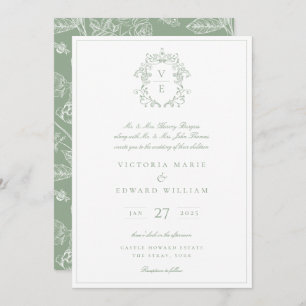 Vintage Crest Monogram Wedding Sage Invitation