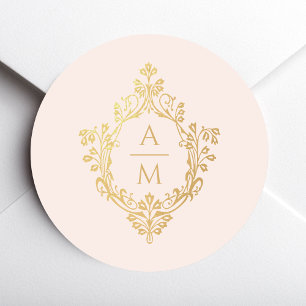 Vintage Crest  Pink Gold  Elegant Wedding Monogram Classic Round Sticker