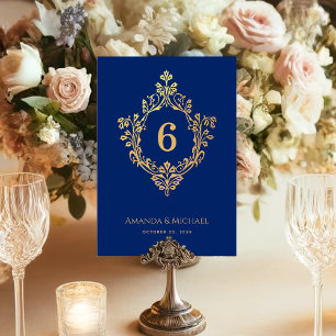 Vintage Crest Royal Blue Faux Gold Elegant Wedding Table Number