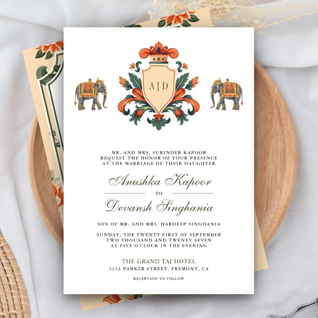 Vintage Crest Royal Elephant Indian Hindu Wedding Invitation (Creator Uploaded)