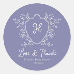 Vintage Crest Script Monogram Purple Bridal Shower Classic Round Sticker