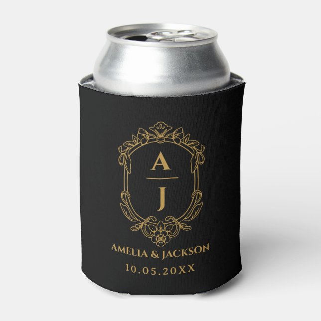 vintage crest wedding, monogram  floral can cooler (Can Front)