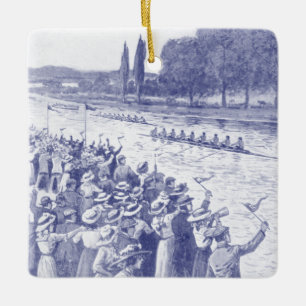 Vintage Crew Rowers Race With Many Spectators Blue Ceramic Ornament