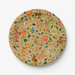 Vintage Crewel Animal Embroidery: Antique Tapestry Paper Plate