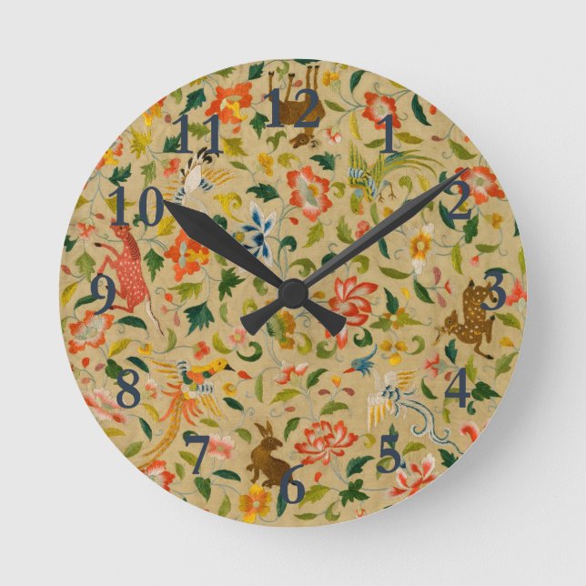 Vintage Crewel Animal Embroidery: Antique Tapestry Round Clock (Front)