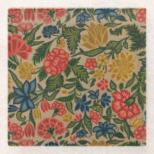 Vintage Crewel Floral Embroidery Pattern Glass Coaster