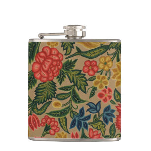 Vintage Crewel Floral Embroidery Pattern Hip Flask