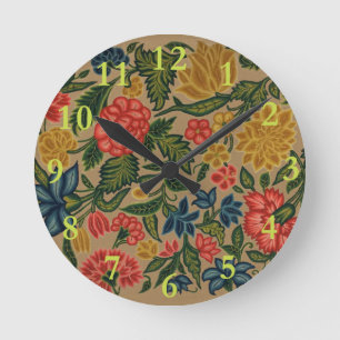 Vintage Crewel Floral Embroidery Pattern Round Clock