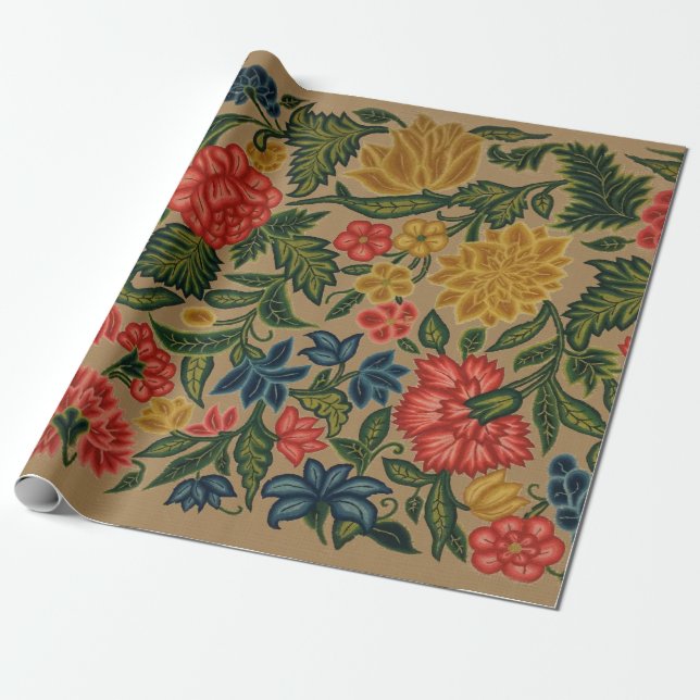 Vintage Crewel Floral Embroidery Pattern Wrapping Paper (Unrolled)