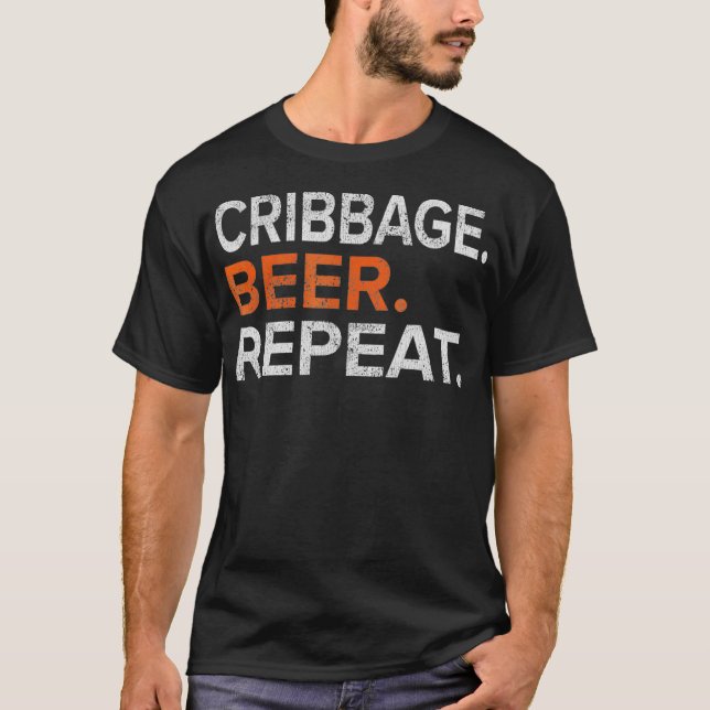 Vintage Cribbage Beer Repeat Funny T-Shirt (Front)