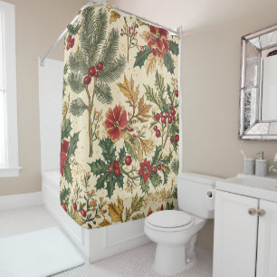 Vintage Crimson Poinsettia Evergreen Winter Shower Curtain