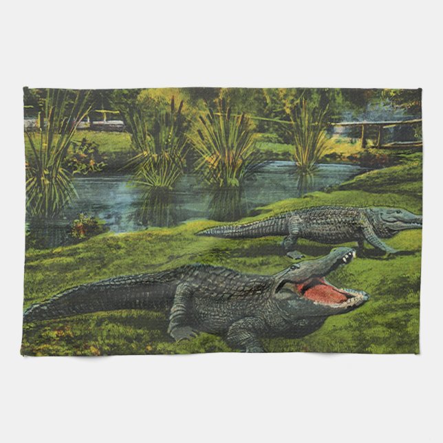 Vintage Crocodiles, Marine Life Reptiles Animals Tea Towel (Horizontal)