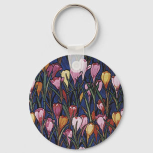Vintage Crocus Flowers in a Garden, Floral Pattern Key Ring