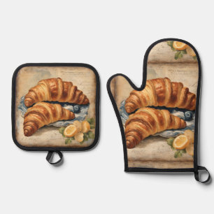 Vintage Croissant Bread Baking Pastry Chef Baker Oven Mitt & Pot Holder Set