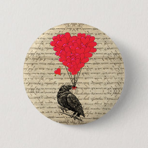 Vintage Crow and heart shaped balloons 6 Cm Round Badge