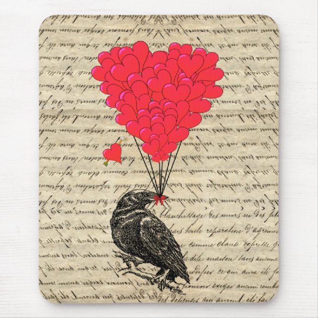 Vintage Crow and heart shaped balloons Mouse Pad (Front)