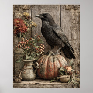 Vintage Crow and Pumpkin Still Life Poster