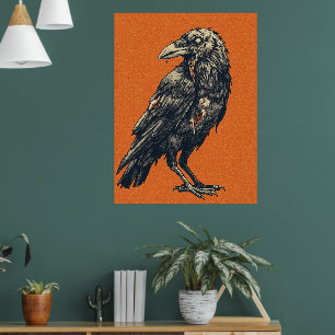 Vintage Crow on Bright Orange Canvas Poster