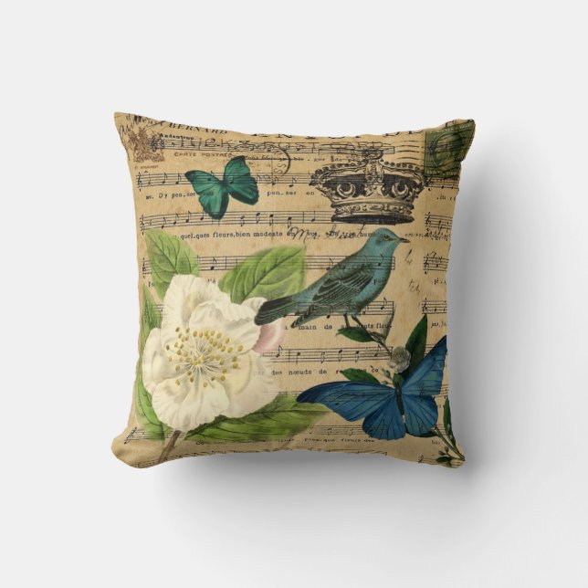 vintage crown bird Music Notes french botanical Cushion (Front)