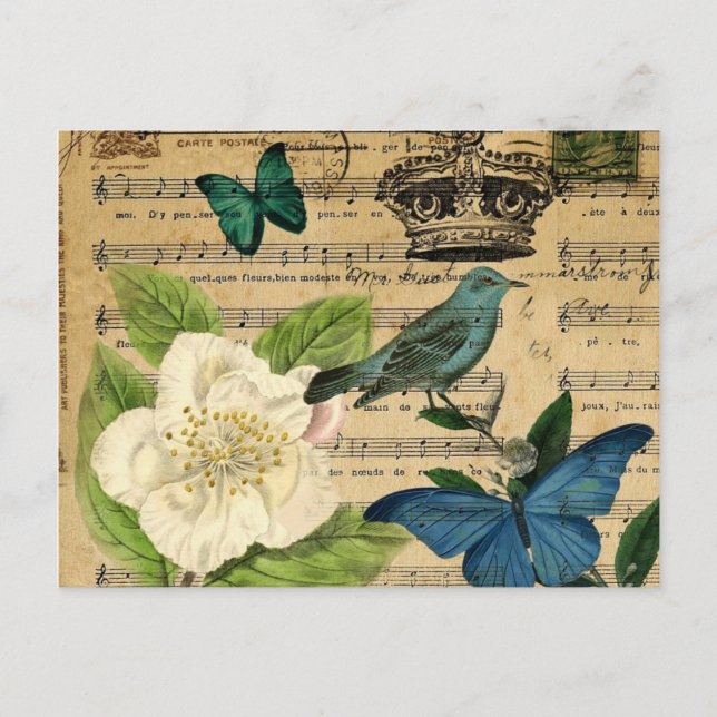 vintage crown bird Music Notes french botanical Postcard (Front)