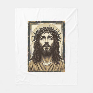Vintage Crown of Thorns Religious Portrait Fleece Blanket