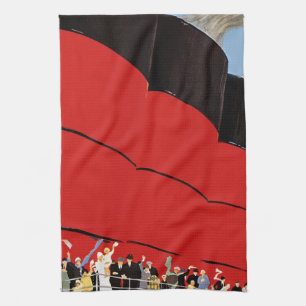 Vintage Cruise Ship Passengers Waving Goodbye Tea Towel