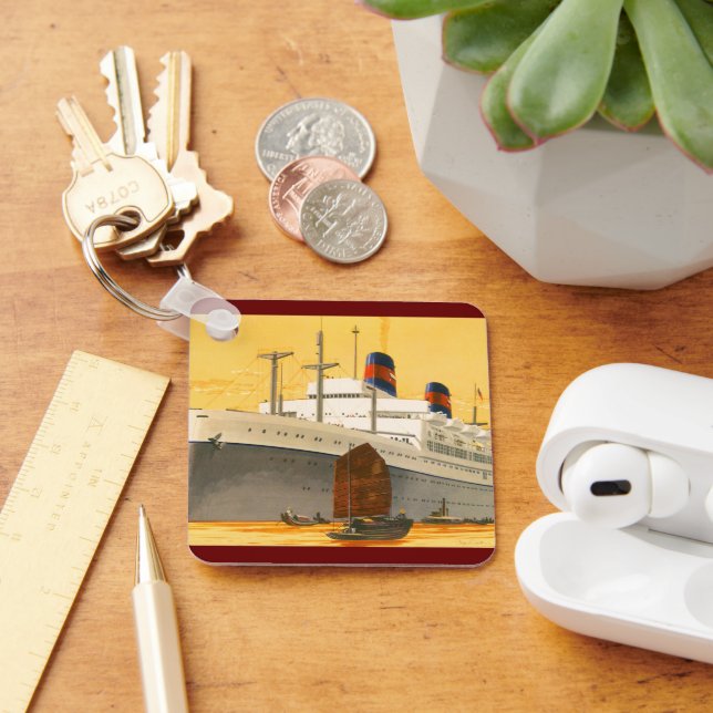 Vintage Cruise Ship to the Orient with Junks Boats Key Ring (Desk)