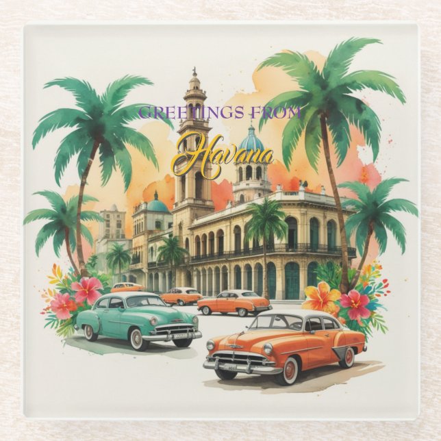 Vintage Cuba Travel - Greetings From Havana Glass Coaster (Front)