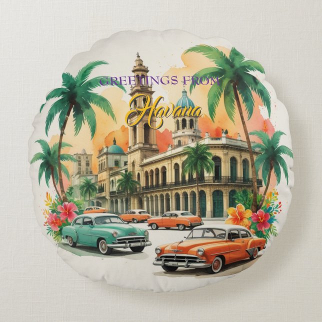 Vintage Cuba Travel - Greetings From Havana Round Cushion (Front)