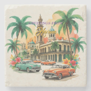 Vintage Cuba Travel - Greetings From Havana Stone Coaster