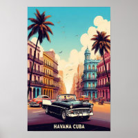 Vintage Cuba Travel Poster with Classic Cars 
