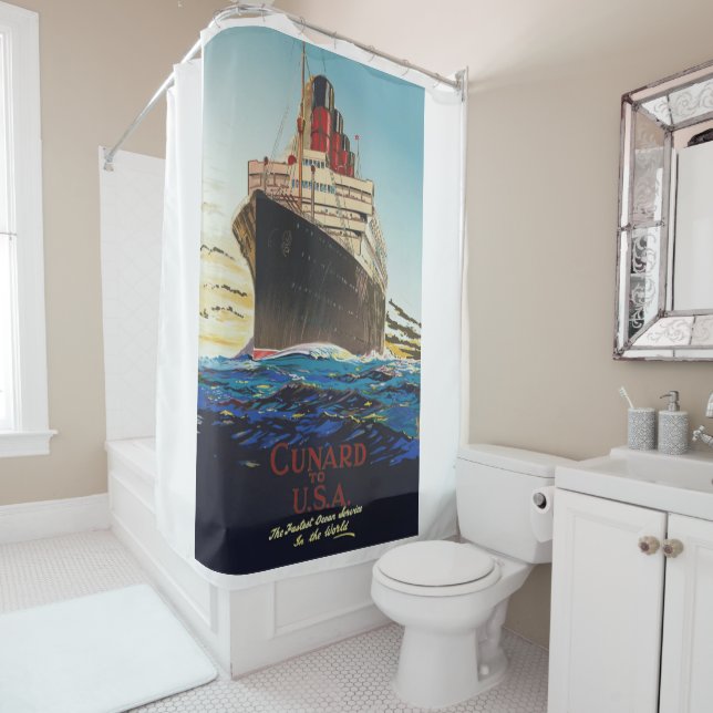 VINTAGE CUNARD AQUITANIA TRAVEL POSTER SHOWER CURT CURTAIN (In Situ)