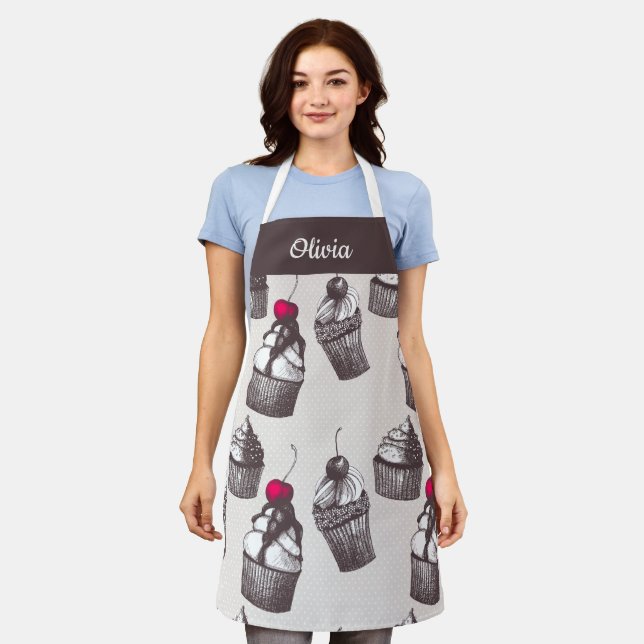 Vintage Cupcake Pattern, Custom Text Apron (Worn)