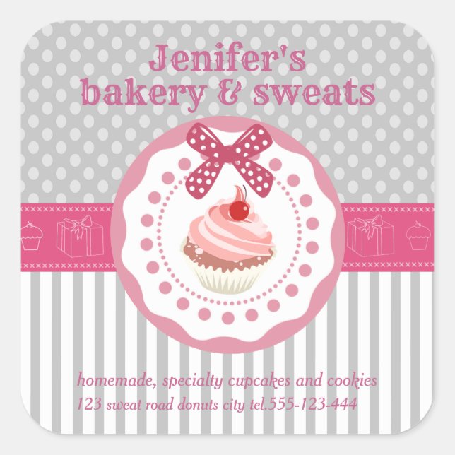 Vintage cupcakes bakery polka dots stripes square sticker (Front)