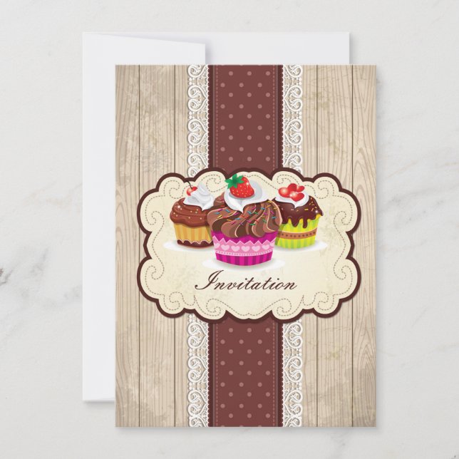 Vintage cupcakes, chocolate Birthday Party Invitation (Front)