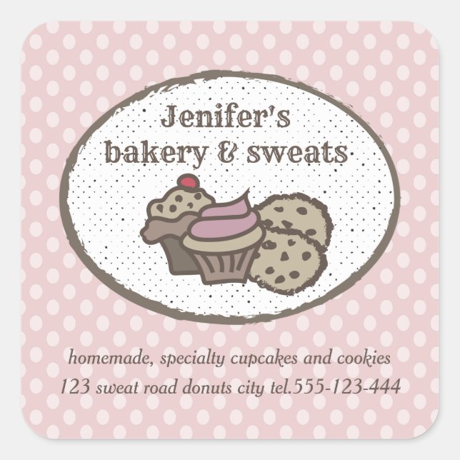 Vintage cupcakes & cookies polka dots square sticker (Front)