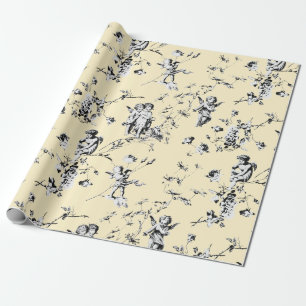 Vintage Cupid Angels Floral Black Beige Toile Wrapping Paper
