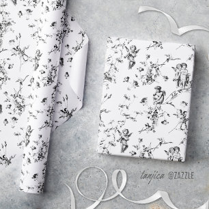 Vintage Cupid Angels Floral Black White Toile Wrapping Paper