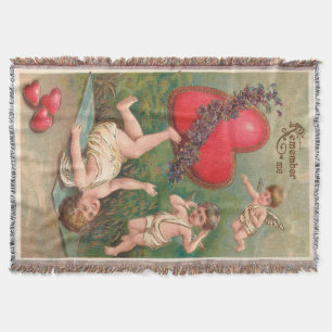 Vintage Cupid Cherub Red Hearts Valentine Postcard Throw Blanket