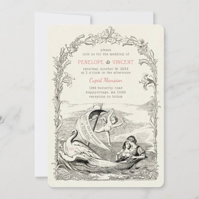 Vintage Cupid Love Boat Wedding Invitation (Front)