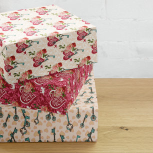 Vintage Cupid, Roses & Skeleton Keys Victorian Wrapping Paper Sheet